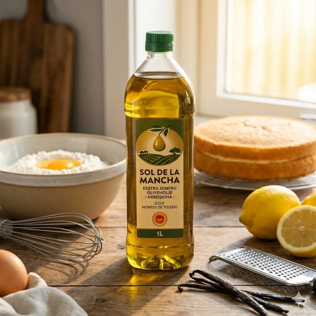 En hånd heller Arbequina olivenolje fra en 1-liters flaske i en bolle, med et nybakt sukkerbrød og ingredienser i bakgrunnen.