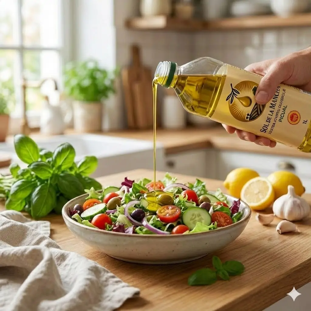 Fresh salad being dressed with Olimancha Picual Extra Virgin Olive Oil.
