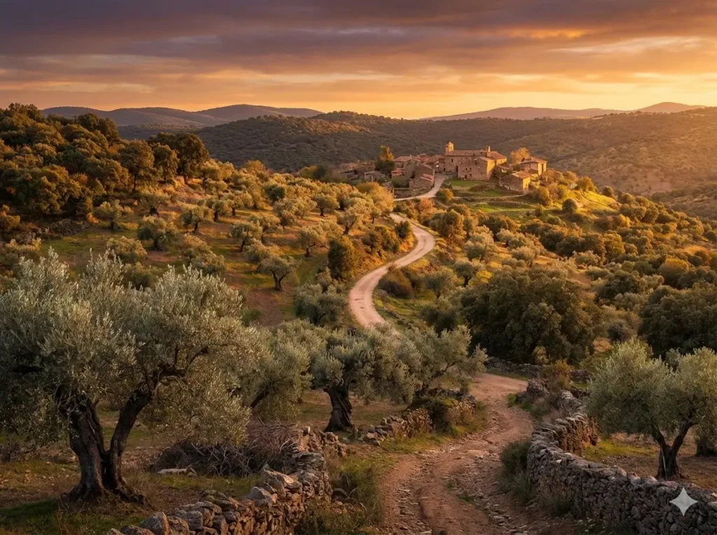 Pittoresk spansk landsby omgitt av olivenlunder i Montes de Toledo