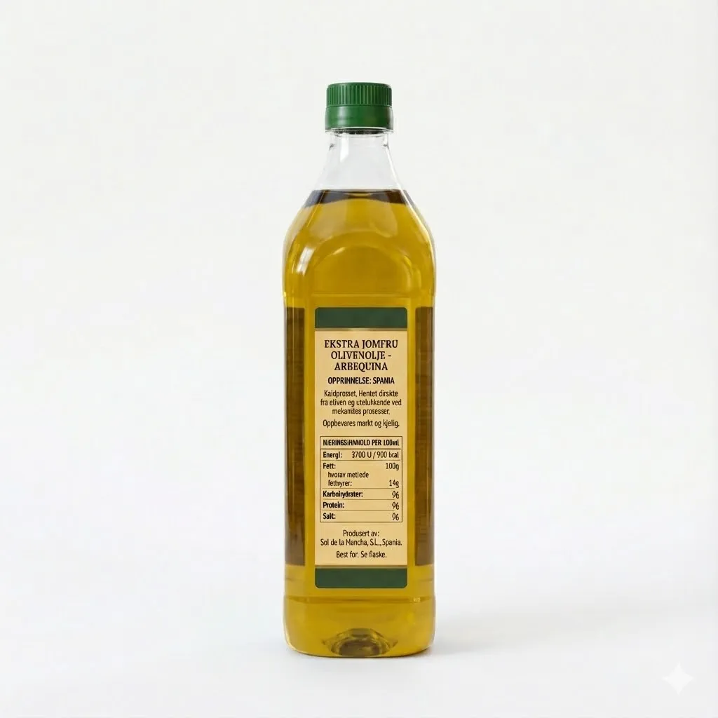 Næringsdeklarasjon-tabell og opprinnelse for Olimancha Arbequina ekstra jomfru olivenolje 1L.