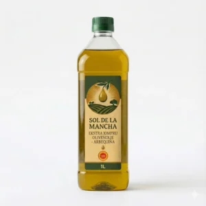 Front view of Olimancha Arbequina Extra Virgin Olive Oil 1-litre PET bottle.