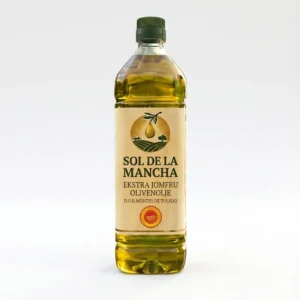 Frontalvisning av Olimancha Cornicabra ekstra jomfru olivenolje i 1-liters flaske.