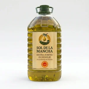 Frontal visning av Olimancha Cornicabra ekstra jomfru olivenolje i en 5-liters PET-flaske