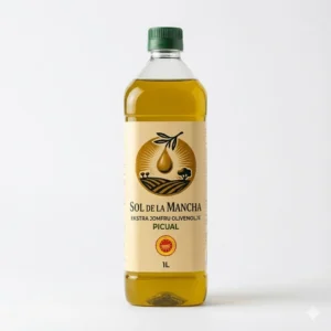 Front view of Olimancha Picual Extra Virgin Olive Oil 1-litre PET bottle.