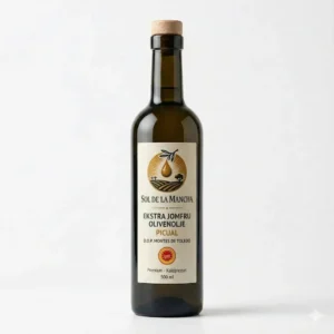 Front view of Olimancha Premium Picual Extra Virgin Olive Oil 500ml glass bottle.