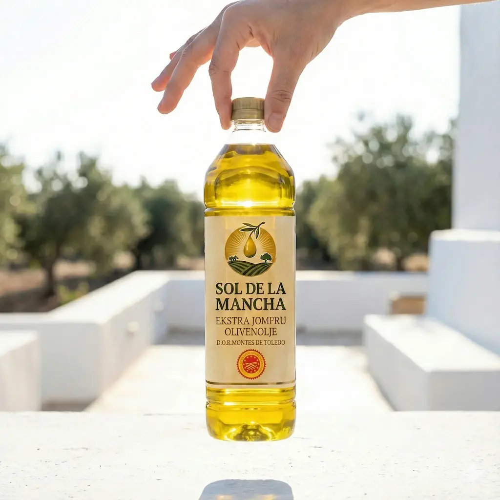 Lightweight Olimancha plastic (PET) bottle of olive oil held by two fingers, highlighting logistics efficiency.