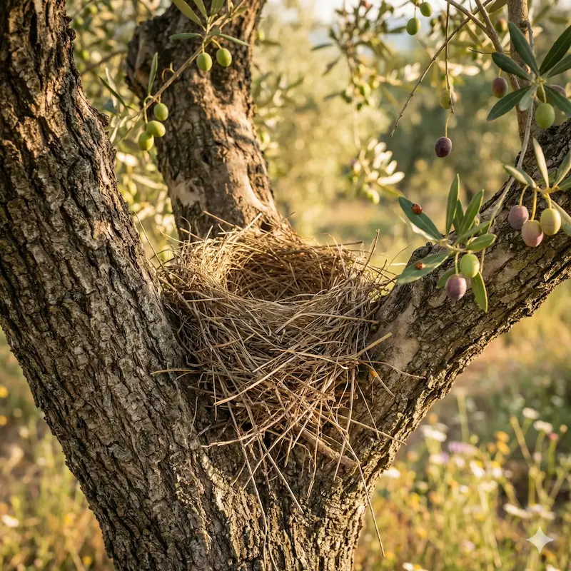 Sustainable olive tree farming with bird nest - Biodiversity in Olimancha Spanish olive groves.